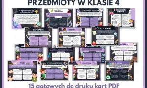 Przedmioty w klasie 4: przyroda, matematyka, historia, język polski, angielski, informatyka, technika, plastyka, wychowanie fizyczne, edukacja zdrowotna, religia, etyka.