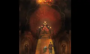 Wielka sala tronowa, gdzie elfy i hobbit klęczą przed władcą.