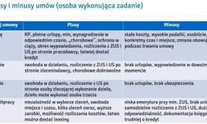 Tabela porównująca rodzaje umów o pracę: o pracę, zlecenie, o dzieło, o współpracę, wraz z ich plusami i minusami.
