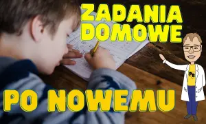Chłopiec pisze zadania domowe. Obok rysunkowa postać w białym kitlu zachęca do nauki po nowemu.