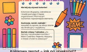 Kolorowy zeszyt z lekturownikiem, ozdobiony flamastrami, kredkami i kwiatkami, zachęca do kreatywnego notowania.