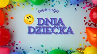Wesołe balony i konfetti tworzą radosną oprawę dla napisu "pięknego DNIA DZIECKA".
