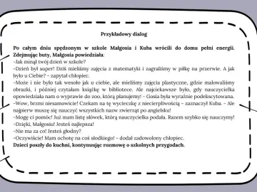 Jak napisać dialog w opowiadaniu? Przykład rozmowy Małgosi i Kuby o szkolnych przygodach, z zaznaczonymi elementami narracji i wypowiedzi bohaterów.