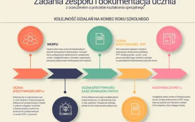 Schemat przedstawia proces oceny i modyfikacji IPET-u, podkreślając indywidualizację pracy z uczniem.