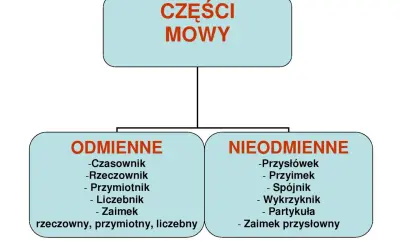 Schemat przedstawia części mowy, dzieląc je na odmienne (czasownik, rzeczownik, przymiotnik, liczebnik, zaimek) i nieodmienne (przysłówek, przyimek, spójnik, wykrzyknik, partykuła, zaimek przysłowny).