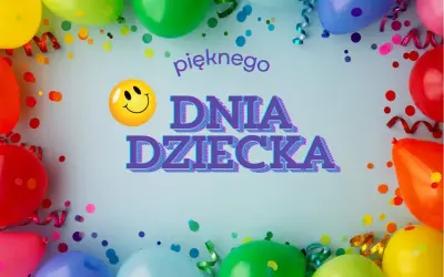 Wesołe balony i konfetti tworzą radosną oprawę dla napisu "pięknego DNIA DZIECKA".
