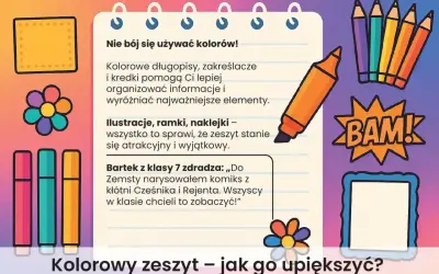 Kolorowy zeszyt z lekturownikiem, ozdobiony flamastrami, kredkami i kwiatkami, zachęca do kreatywnego notowania.