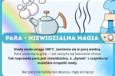 Ilustracja pokazuje czajnik z parującą wodą i nawilżacz powietrza, wyjaśniając stany skupienia wody, w tym parę wodną.