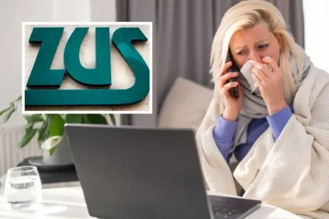 Kobieta chora, owinięta kocem, rozmawia przez telefon, obok logo ZUS. Może to być kontrola ZUS L4.