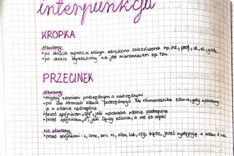 Notatki o interpunkcji: KROPKA po skrótach (np. inż., prof.) i PRZECINEK między zdaniami podrzędnymi i nadrzędnymi.