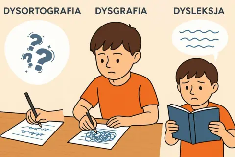 Chłopiec zmagający się z dysortografią pisze, a obok niego inni z dysgrafią i dysleksją.