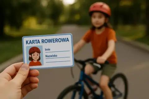 Karta rowerowa daje pewność, że młody cyklista zna zasady ruchu drogowego. Dziecko na rowerze w tle.