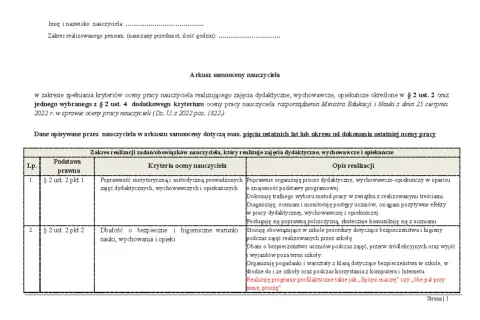Arkusz samooceny nauczyciela dyplomowanego: przykładowa ocena pracy nauczyciela zawiera kryteria i opis realizacji zadań dydaktycznych, wychowawczych i opiekuńczych.