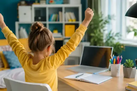 Dziecko z radością podnosi ręce, pokazując, jak zmotywować dziecko do nauki. Sukces w nauce jest na wyciągnięcie ręki!