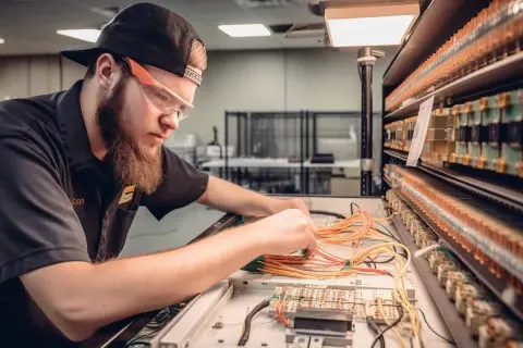 Młody technik mechatronik w okularach ochronnych pracuje przy panelu z przewodami i modułami elektronicznymi.