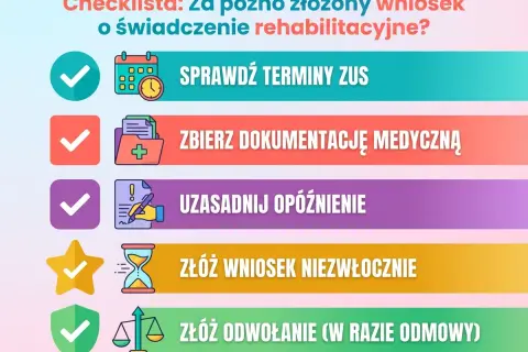 Checklista: Sprawdź terminy ZUS, zbierz dokumentację, uzasadnij opóźnienie, złóż wniosek lub odwołanie. Uniknij problemów z za późno złożonym wnioskiem o świadczenie rehabilitacyjne.