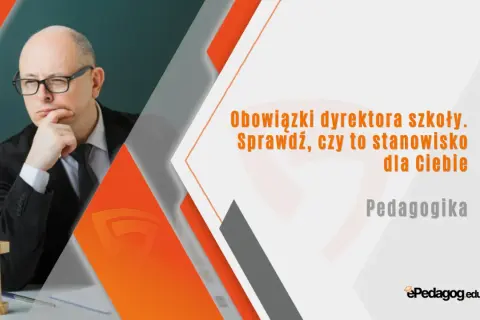 Zamyślony dyrektor szkoły w okularach, z dłonią na podbródku, zastanawia się nad obowiązkami. Czy to stanowisko jest dla Ciebie?
