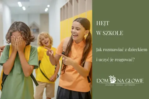 Dziecko zakrywa twarz, podczas gdy inne śmieją się i wskazują palcami. Obrazek ilustruje problem hejtu w szkole i potrzebę rozmowy z dziećmi.