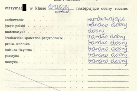 Szkoła oceniała ucznia w drugiej klasie. Skala ocen obejmuje zachowanie, język polski, matematykę i inne przedmioty.