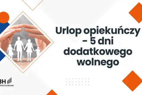 Dłonie chroniące sylwetki rodziny symbolizują opiekę na członka rodziny. Informacja o 5 dniach urlopu opiekuńczego.