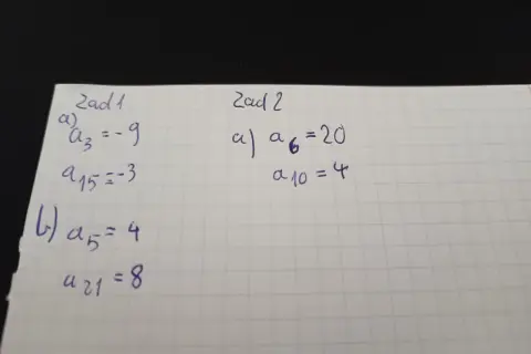 Zadania z matematyki: obliczanie wyrazów ciągu arytmetycznego i jego sumy. Widać dane: a₃=-9, a₁₅=-3, a₅=4, a₂₁=8 oraz a₆=20, a₁₀=4.