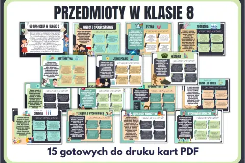 Przedmioty klasa 8: matematyka, język polski, fizyka, historia, geografia, biologia, chemia, WOS, informatyka, wychowanie fizyczne.