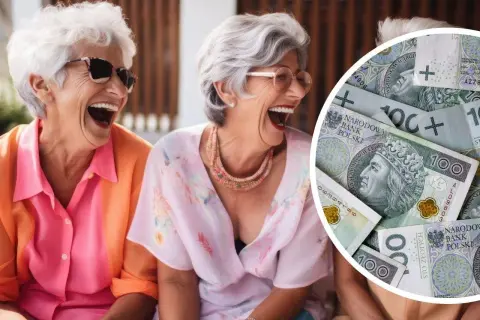 Uśmiechnięte seniorki cieszą się życiem, a obok nich polskie banknoty symbolizujące dobre emerytury dla nauczycieli.