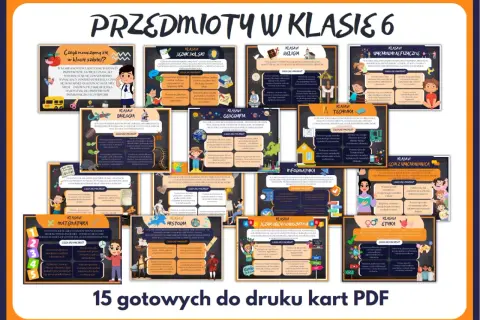 Przedmioty w klasie 6: język polski, matematyka, historia, geografia, biologia, technika, informatyka, wychowanie fizyczne, etyka, religia, języki obce.