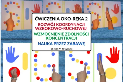 Dzieci ćwiczą koordynację wzrokowo-ruchową, dotykając palcami kolorowych kółek na planszach.