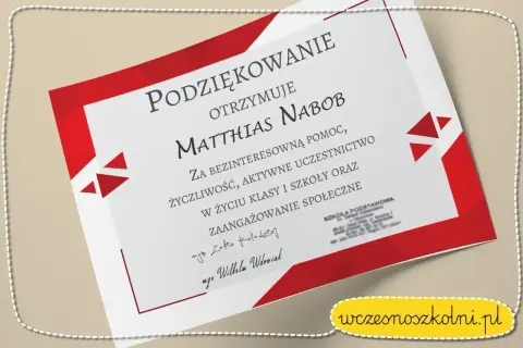 Dyplom z podziękowaniami dla nauczyciela Matthiasa Naboba za pomoc i zaangażowanie.