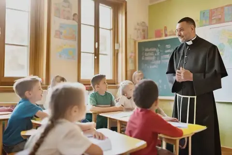 Ksiądz prowadzi lekcję religii w szkole. Dzieci uważnie słuchają, siedząc w ławkach.