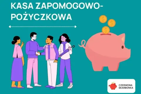 Kasa zapomogowo pożyczkowa: ludzie zawierają umowę, a obok różowa świnka-skarbonka przyjmuje monety.