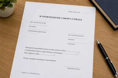 Dokument "Wypowiedzenie umowy o pracę" na biurku, gotowy do złożenia.