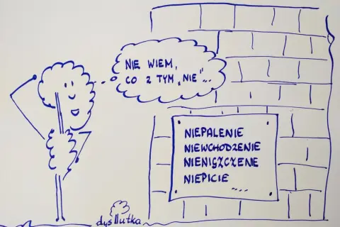 Postać z chmurką myśli "Nie wiem, co z tym nie..." stoi przed murem z napisem "Niepalenie, niewchodzenie, nieniszczenie, niepicie".