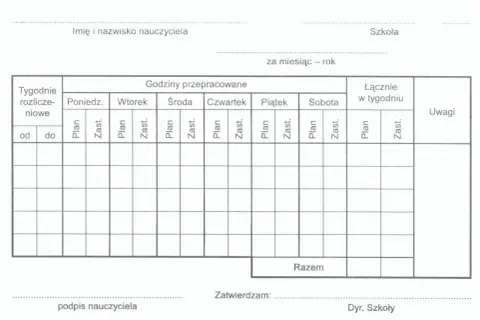 Formularz do rozliczania godzin pracy nauczyciela, uwzględniający plan lekcji i zastępstwa. Służy do obliczania godzin ponadwymiarowych.