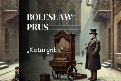 Bolesław Prus i jego „Katarynka” na zimowej uliczce. Stary grajek z katarynką, chłopiec i rowery w śniegu.