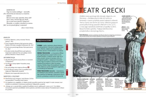 Antygona – ile stron zajmuje analiza jej postaci i kluczowych pojęć w tej książce? Na ilustracji widzimy fragment tekstu o teatrze greckim i aktora tragicznego.