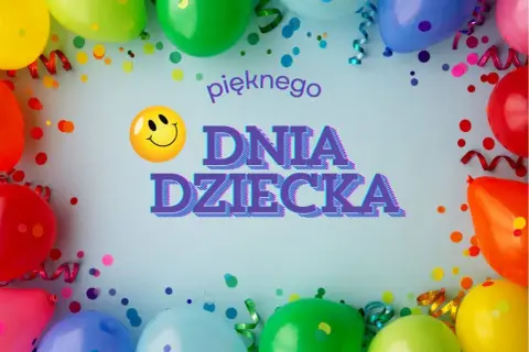 Wesołe balony i konfetti tworzą radosną oprawę dla napisu "pięknego DNIA DZIECKA".