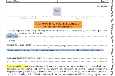 Skierowanie na badania lekarskie (wstępne/okresowe/kontrolne) dla pracownika.