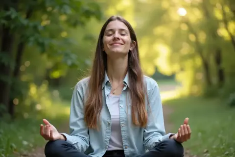Kobieta medytuje w lesie, szukając ukojenia od przebodźcowania. Spokój i harmonia w naturze.