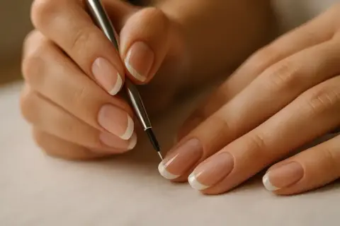 Dłonie z perfekcyjnym francuskim manicure, jedna z nich trzyma cienki pędzelek, jakby tworzyła dzieło sztuki. To oryginał, nie podróbka.