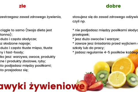 Zasady zdrowego odżywiania: złe nawyki (monotonna dieta, słodycze, fast food) vs. dobre (owoce, warzywa, regularne posiłki).