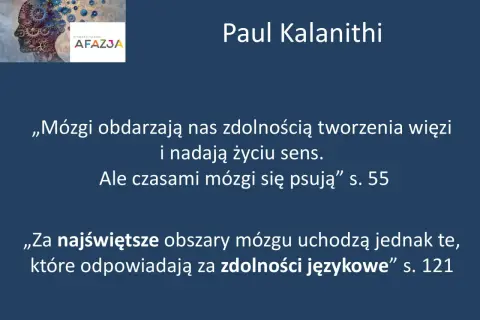 Grafika z zębatkami w głowie, symbolizująca mózg, i cytaty o jego działaniu. W tle logo "Afazja", nawiązujące do problemów z mową, jak afazja motoryczna.
