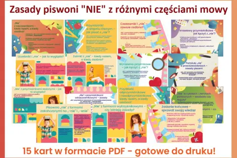 Zasady pisowni "nie" z różnymi częściami mowy. Na tej karcie znajdziesz wiele przykładów, jak pisać "nie" z rzeczownikami, przymiotnikami, zaimkami, czasownikami, przysłówkami i innymi.