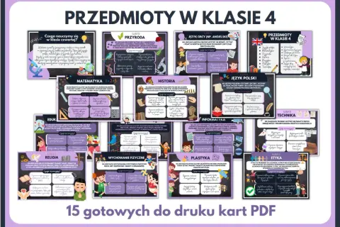 Przedmioty w klasie 4: przyroda, matematyka, historia, język polski, angielski, informatyka, technika, plastyka, wychowanie fizyczne, edukacja zdrowotna, religia, etyka.