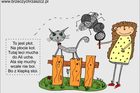 Kot na płocie, mucha leci do Ali. Ala z klapką nie boi się muchy. Krótkie wierszyki dla dzieci na pamięć.