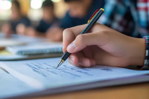 Dłoń pisze długopisem w zeszycie, przygotowując się do poprawki w sierpniu.