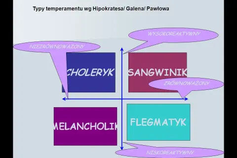 Diagram typów temperamentu: choleryk, sangwinik, melancholik, flegmatyk. Oś pionowa: reaktywność, pozioma: introwertyk/ekstrawertyk.