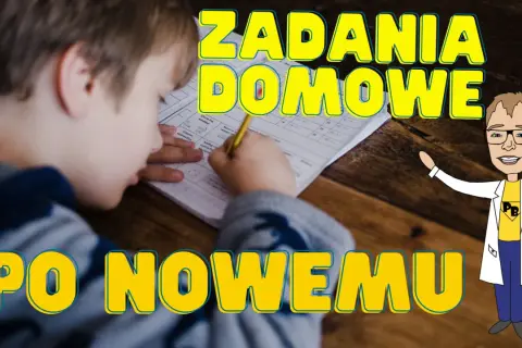 Chłopiec pisze zadania domowe. Obok rysunkowa postać w białym kitlu zachęca do nauki po nowemu.