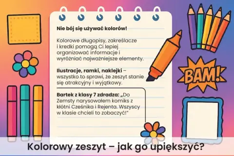Kolorowy zeszyt z lekturownikiem, ozdobiony flamastrami, kredkami i kwiatkami, zachęca do kreatywnego notowania.